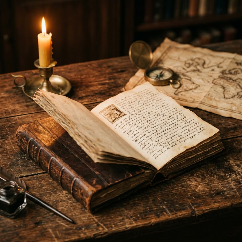 Antique book and compass — storytelling